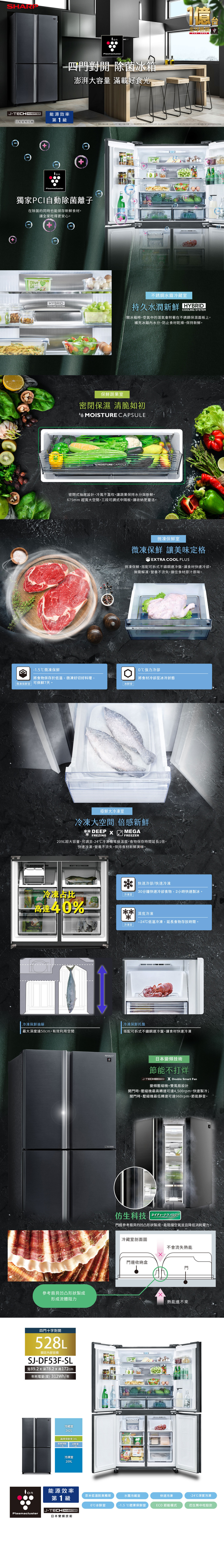 SHARP 528L四門十字對開除菌冰箱-曜岩灰SJ-DF53F-SL｜全國電子｜最安心